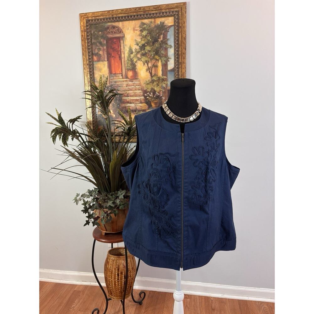 Coldwater Creek Women Plus 20 Vest Full Zipper Front Blue High Collar Grandma